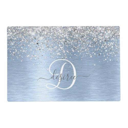 Blue Brushed Metal Silver Glitter Monogram Name Placemat