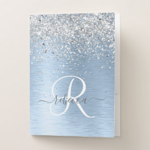 Blue Brushed Metal Silver Glitter Monogram Name Pocket Folder