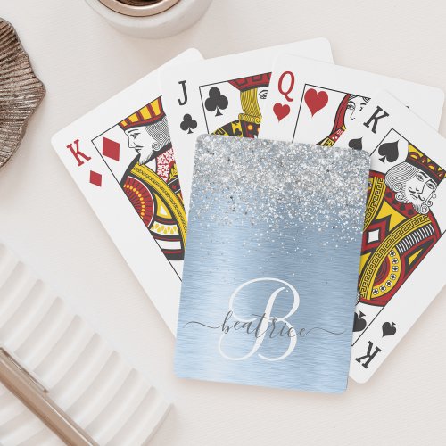 Blue Brushed Metal Silver Glitter Monogram Name Poker Cards