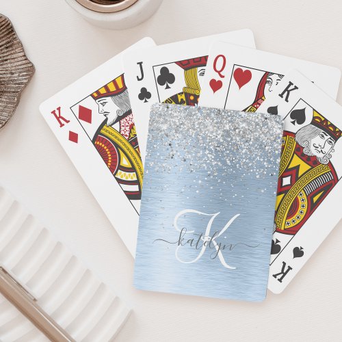 Blue Brushed Metal Silver Glitter Monogram Name Poker Cards