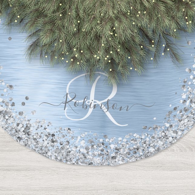 Blue Brushed Metal Silver Glitter Monogram Name Polyester Tree Skirt (Creator Uploaded)
