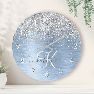 Blue Brushed Metal Silver Glitter Monogram Name Round Clock