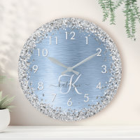 Blue Brushed Metal Silver Glitter Monogram Name