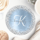 Blue Brushed Metal Silver Glitter Monogram Name Round Paper Coaster<br><div class="desc">Easily personalize this trendy chic coaster design featuring pretty silver sparkling glitter on a blue brushed metallic background.</div>