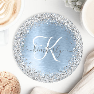 Blue Brushed Metal Silver Glitter Monogram Name Round Paper Coaster