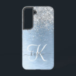 Blue Brushed Metal Silver Glitter Monogram Name Samsung Galaxy S22 Case<br><div class="desc">Easily personalize this trendy chic phone case design featuring pretty silver sparkling glitter on a blue brushed metallic background.</div>