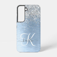 Blue Brushed Metal Silver Glitter Monogram Name