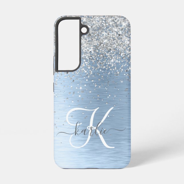 Blue Brushed Metal Silver Glitter Monogram Name Samsung Galaxy Case (Back)