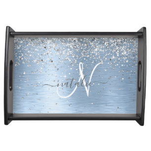 Blue Brushed Metal Silver Glitter Monogram Name Serving Tray
