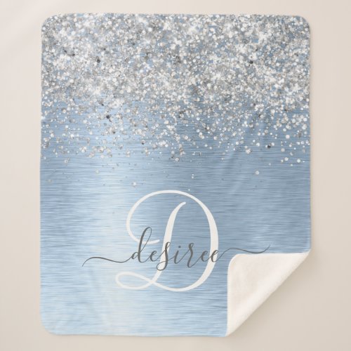 Blue Brushed Metal Silver Glitter Monogram Name Sherpa Blanket