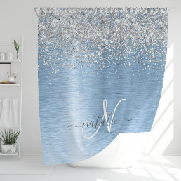 Blue Brushed Metal Silver Glitter Monogram Name Shower Curtain
