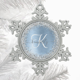 Blue Brushed Metal Silver Glitter Monogram Name Snowflake Pewter Christmas Ornament