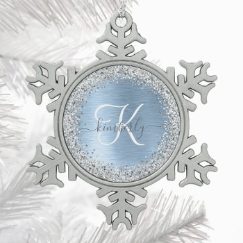 Blue Brushed Metal Silver Glitter Monogram Name Snowflake Pewter Christmas Ornament by sweetbirdiestudio at Zazzle
