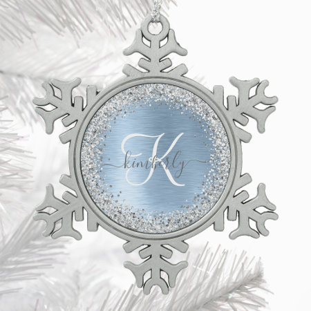 Blue Brushed Metal Silver Glitter Monogram Name Snowflake Pewter Chris