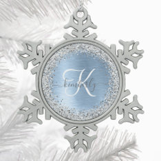 Blue Brushed Metal Silver Glitter Monogram Name Snowflake Pewter Christmas Ornament at Zazzle