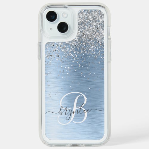Blue Brushed Metal Silver Glitter Monogram Name iPhone 15 Plus Case