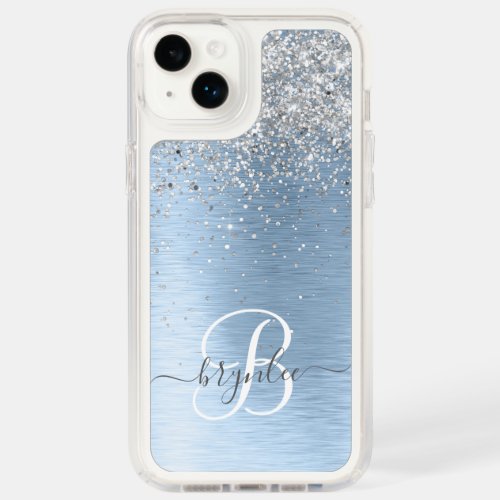Blue Brushed Metal Silver Glitter Monogram Name Speck iPhone 14 Plus Case