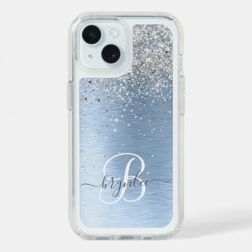 Blue Brushed Metal Silver Glitter Monogram Name iPhone 15 Case