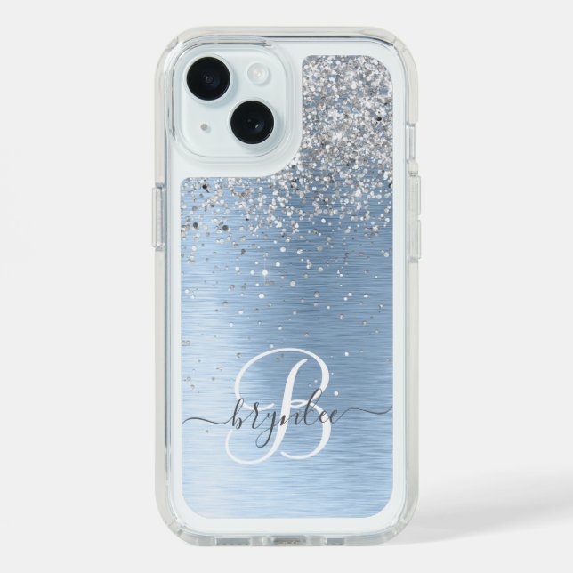 Blue Brushed Metal Silver Glitter Monogram Name Speck iPhone Case (Front (Blue))