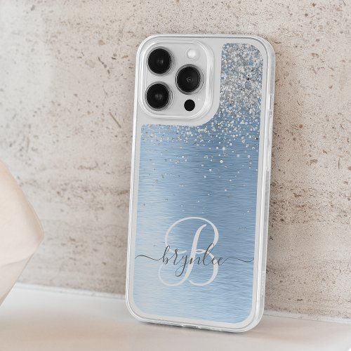 Blue Brushed Metal Silver Glitter Monogram Name iPhone 15 Pro Case