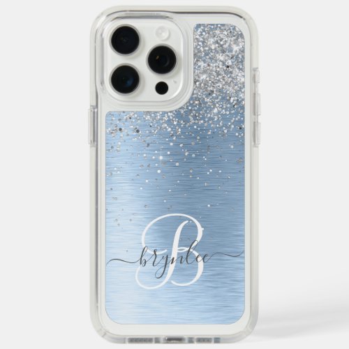 Blue Brushed Metal Silver Glitter Monogram Name iPhone 15 Pro Max Case