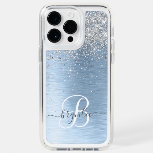 Blue Brushed Metal Silver Glitter Monogram Name Speck iPhone 14 Pro Max Case