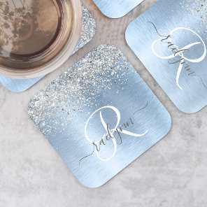 Blue Brushed Metal Silver Glitter Monogram Name Square Paper Coaster