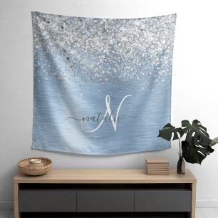 Blue Brushed Metal Silver Glitter Monogram Name Tapestry