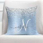 Blue Brushed Metal Silver Glitter Monogram Name Throw Pillow<br><div class="desc">Easily personalize this trendy chic throw pillow design featuring pretty silver sparkling glitter on a blue brushed metallic background.</div>