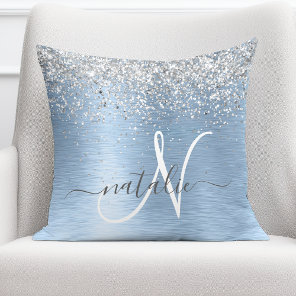 Blue Brushed Metal Silver Glitter Monogram Name Throw Pillow