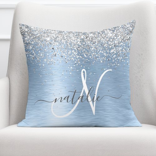 Blue Brushed Metal Silver Glitter Monogram Name Throw Pillow