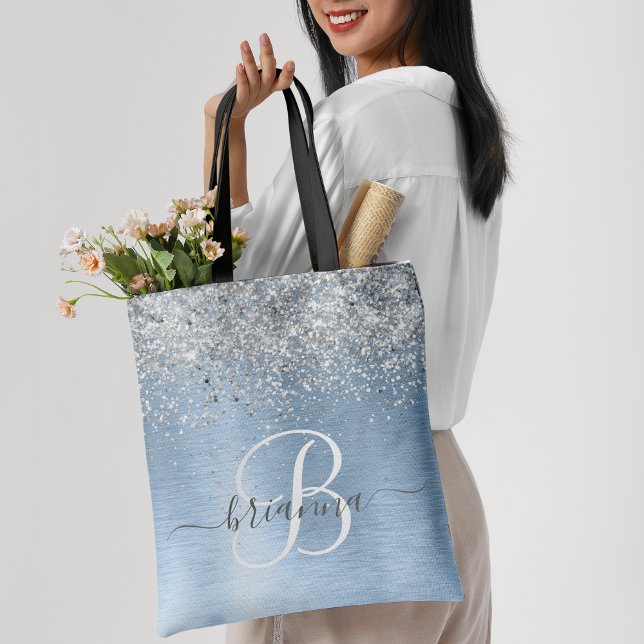 Blue Brushed Metal Silver Glitter Monogram Name Tote Bag (Creator Uploaded)