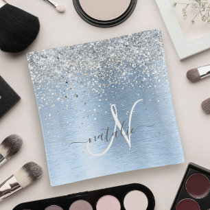 Blue Brushed Metal Silver Glitter Monogram Name Trinket Tray