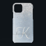 Blue Brushed Metal Silver Glitter Monogram Name iPhone 11 Pro Case<br><div class="desc">Easily personalize this trendy chic phone case design featuring pretty silver sparkling glitter on a blue brushed metallic background.</div>