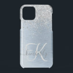 Blue Brushed Metal Silver Glitter Monogram Name iPhone 11 Pro Case<br><div class="desc">Easily personalize this trendy chic phone case design featuring pretty silver sparkling glitter on a blue brushed metallic background.</div>