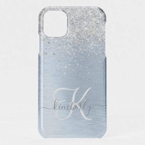 Blue Brushed Metal Silver Glitter Monogram Name iPhone 11 Case