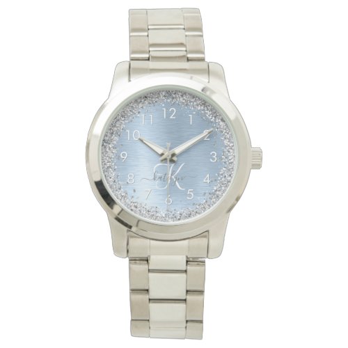 Blue Brushed Metal Silver Glitter Monogram Name Watch