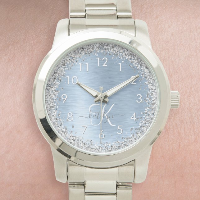 Blue Brushed Metal Silver Glitter Monogram Name Watch (Creator Uploaded)