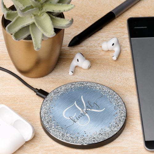 Blue Brushed Metal Silver Glitter Monogram Name Wireless Charger