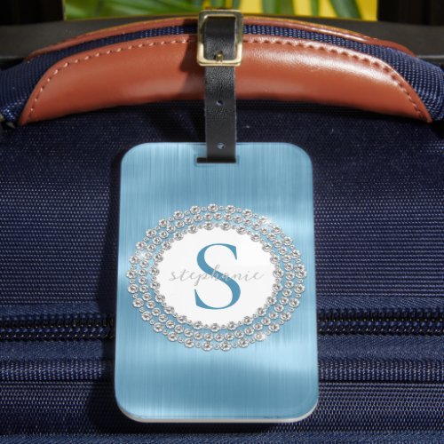 Blue Brushed Metal Sparkly Diamonds Monogram Glam Luggage Tag