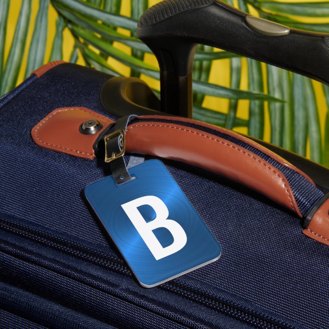 Blue Brushed Metallic Monogram Initial Luggage Tag (Front Insitu 1)