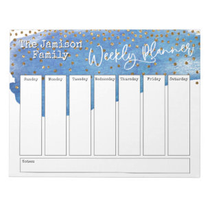 Blue Brushstroke Gold Confetti Weekly Planner Notepad
