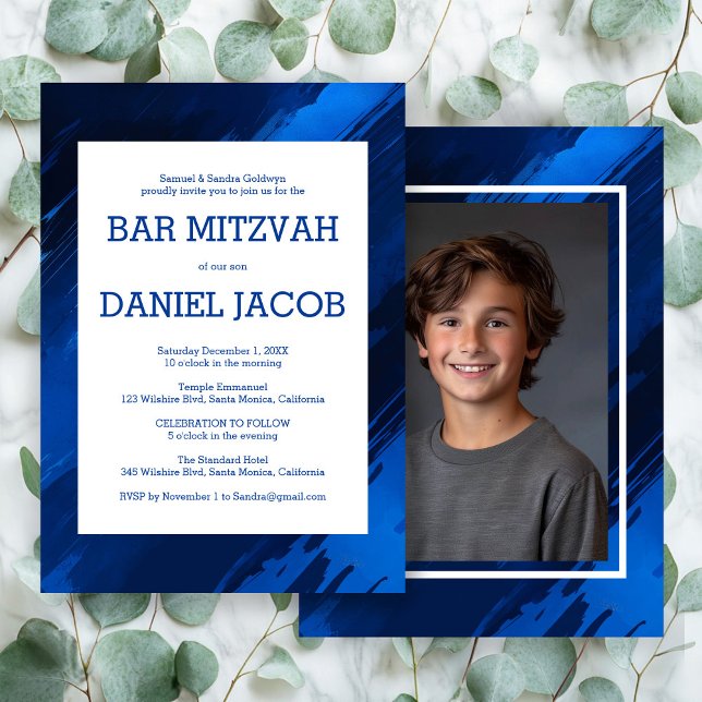 Blue Brushstrokes Custom Photo BAR BAT MITZVAH  Invitation (Blue Brushstrokes Custom Photo BAR BAT MITZVAH Invitation
)