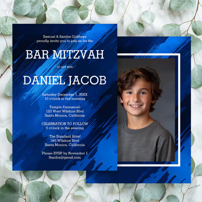 Blue Brushstrokes Custom Photo BAR BAT MITZVAH Invitation | Zazzle