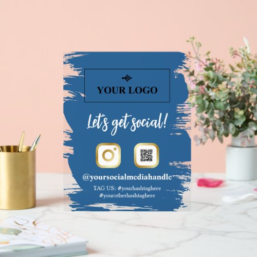 Blue Brushstrokes Gold Logo Lets Get Social Acrylic Sign