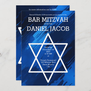 Blue Brushstrokes Star QR Custom BAR BAT MITZVAH Invitation