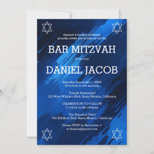 Blue Brushstrokes Stars Custom BAR BAT MITZVAH Invitation