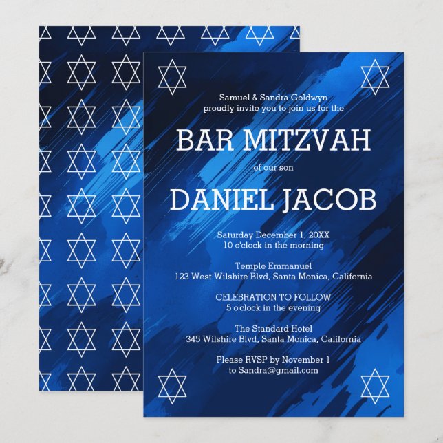 Blue Brushstrokes Stars Custom BAR BAT MITZVAH  Invitation (Front/Back)