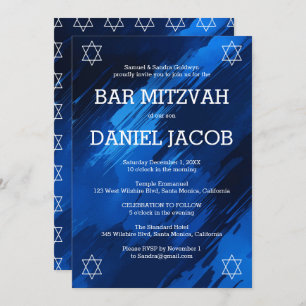 Blue Brushstrokes Stars Custom BAR BAT MITZVAH Invitation
