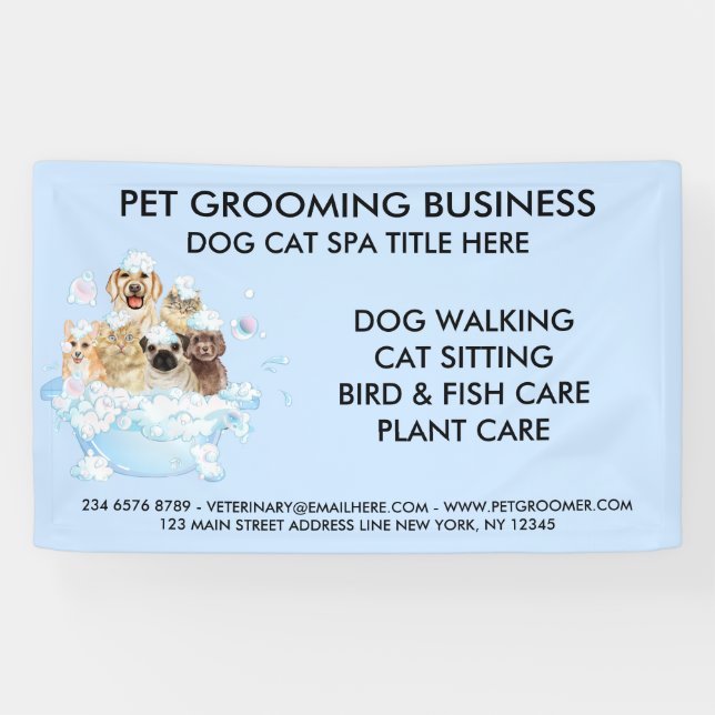 Blue Bubble Grooming Sitting Dog Cat Spa Bathing Banner (Horizontal)